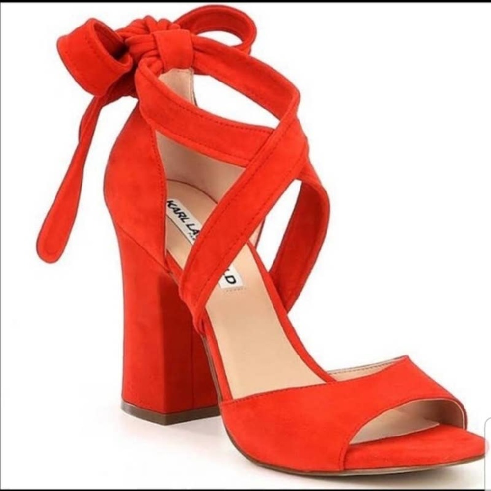 Karl Lagerfeld Paris Racha Strappy Ankle-Tie Red Orange Suede Sandal Size 6
